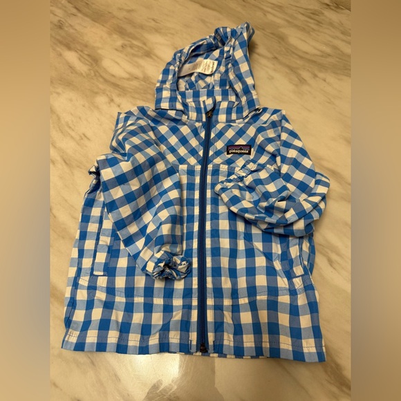 Patagonia Other - Patagonia boys coat blue white plaid print button up hood light coat 2T